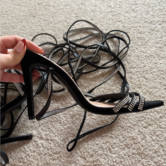 Black Crystal Lace-Up Pointed Toe Heels - Picture 5 of 7